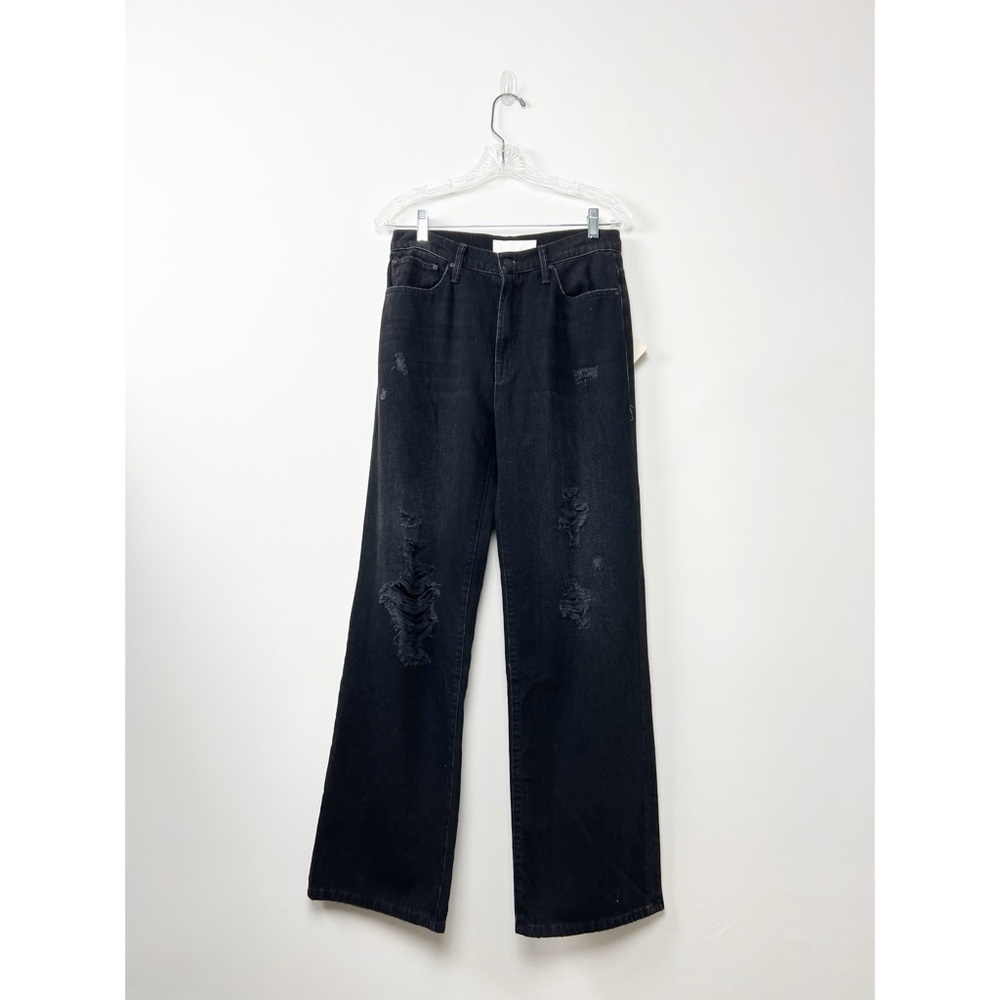 NWT MOTHER Lil’ Dodger Sneak Distressed Straight Wide Leg Jean in Black Hole 28